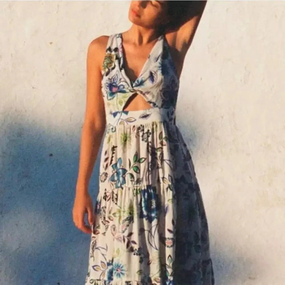 Zara Dresses & Skirts - Zara Floral Keyhole Front Cotton Spring Summer Dress Midi Lightweight Medium